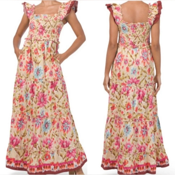 House of Harlow 1960 Dresses & Skirts - House Of Harlow 1960 Zoey Khaki Floral Print Smocked Maxi Dress Size Small